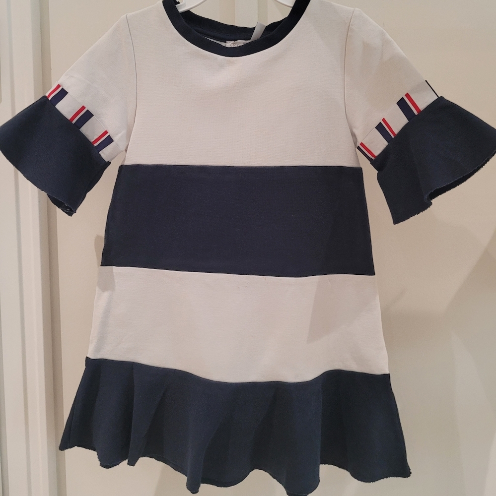 PATACHOU navy and White Striped Dress with Flared Sleeves Age 4